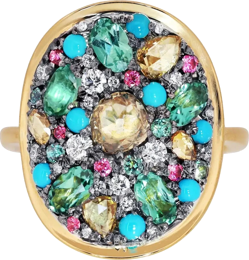 Rose Cut Diamond Mint Tourmaline Turquoise Pink Spinel Alexandrite Pavé Ring