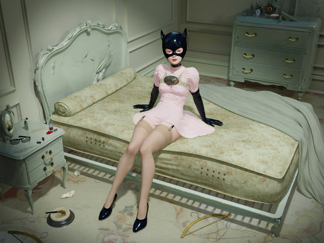 In This Bliss Called Solitude by Ray Caesar — masked figure in a pink dress seated on a brass bed