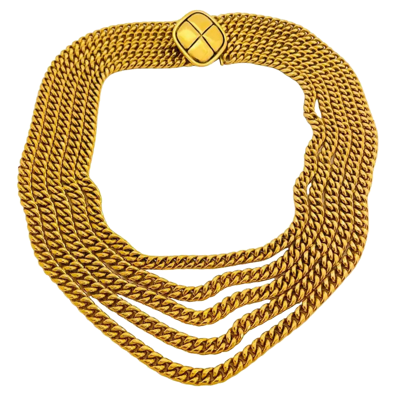 Vintage CHANEL multi chain gold quilted designer runway statement necklace