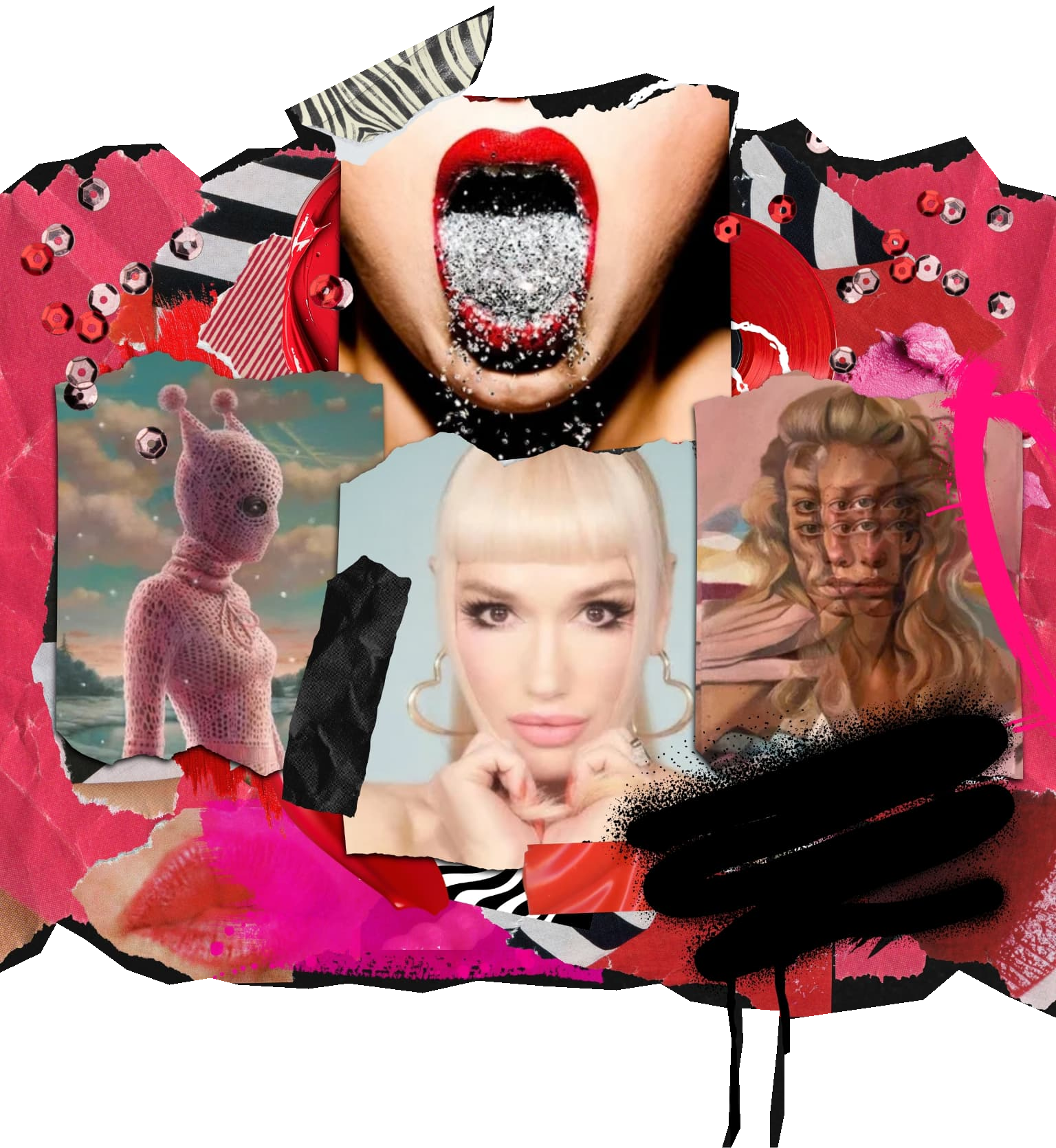 COUTEUR Creatives collage featuring Tyler Shields, Jana Brike, Jamie Nelson and Alex Garant, with zebra paper, sequins and pink torn fabric