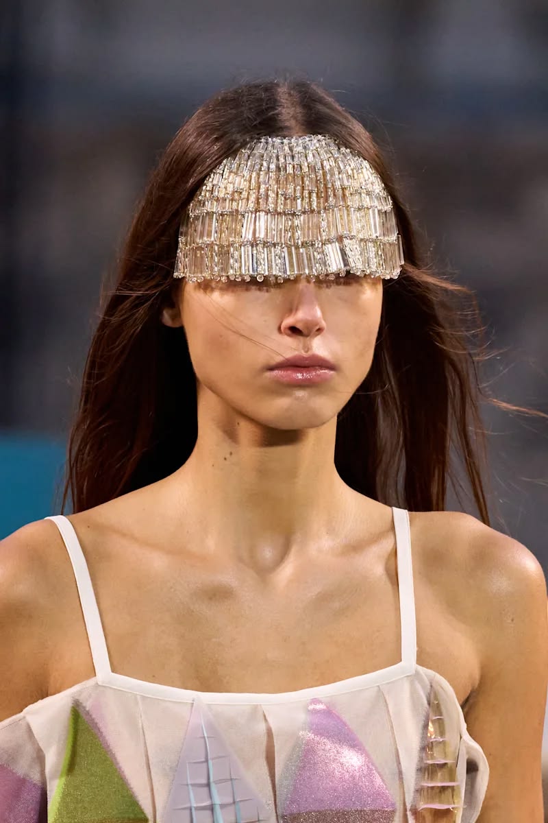 Louis Vuitton silver beaded fringe worn over the eyes like bangs