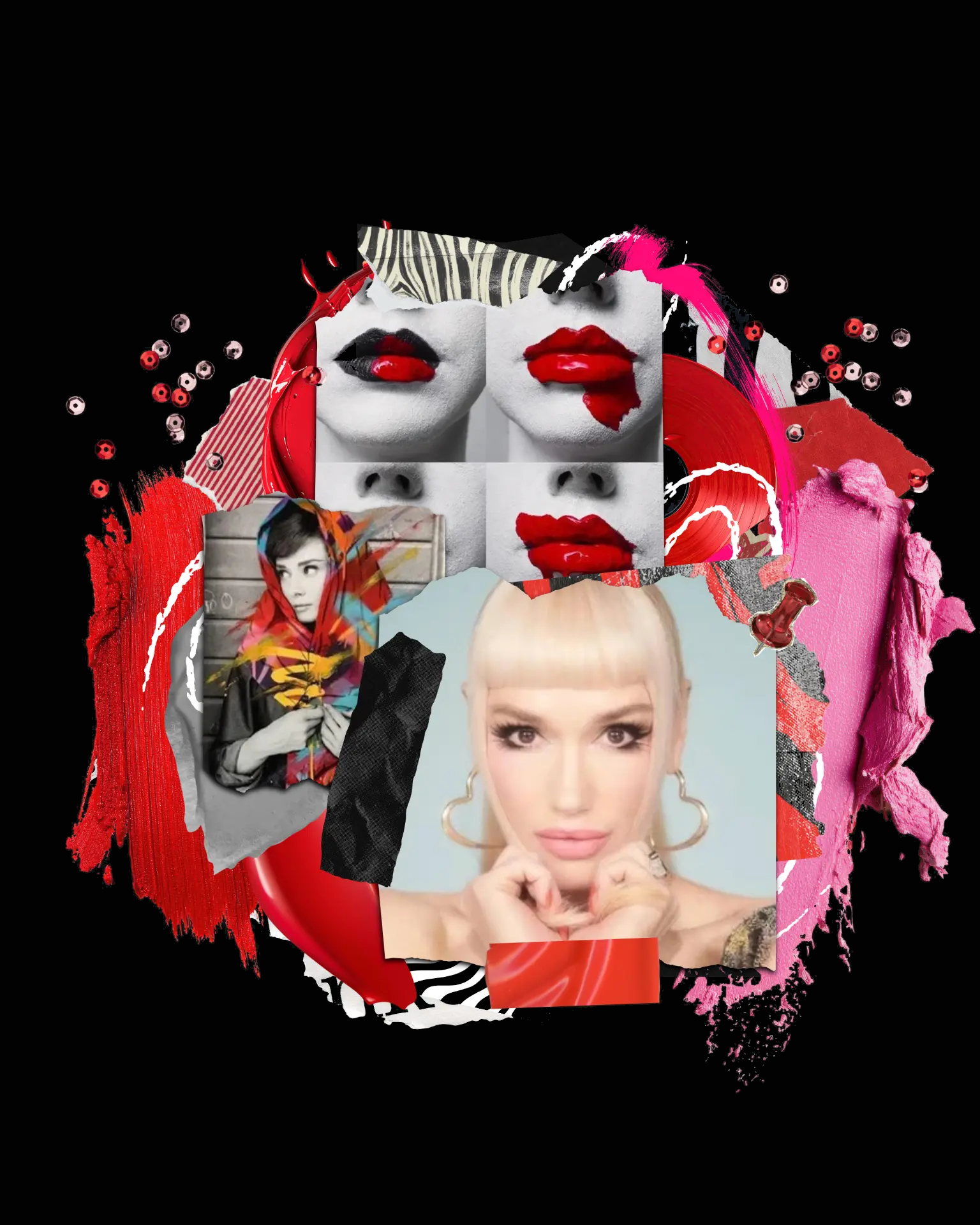 COUTEUR Creatives collage with red lips, portraits, zebra paper, sequins and pink torn fabric