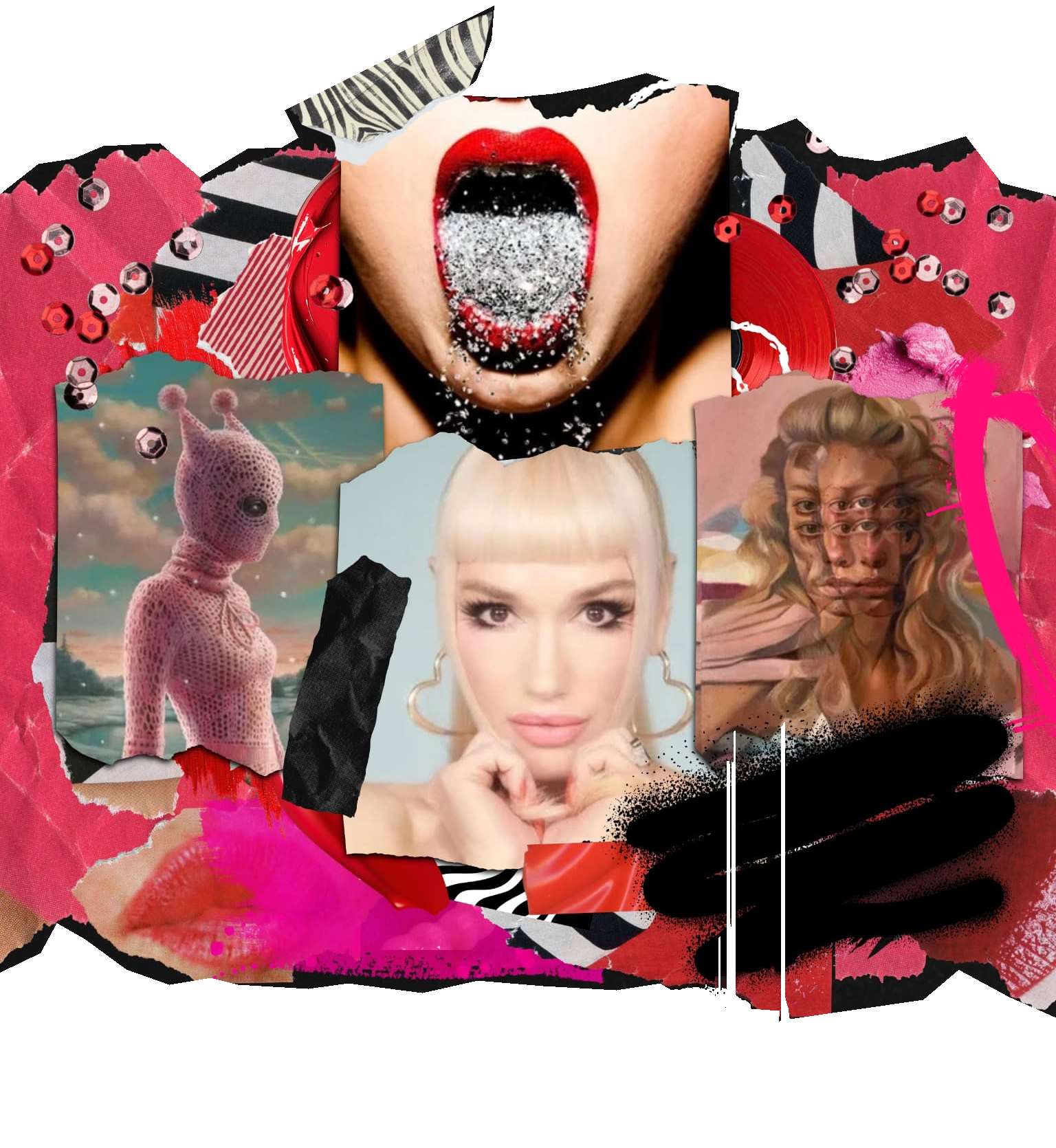COUTEUR Creatives collage featuring Tyler Shields, Jana Brike, Jamie Nelson and Alex Garant, with zebra paper, sequins and pink torn fabric